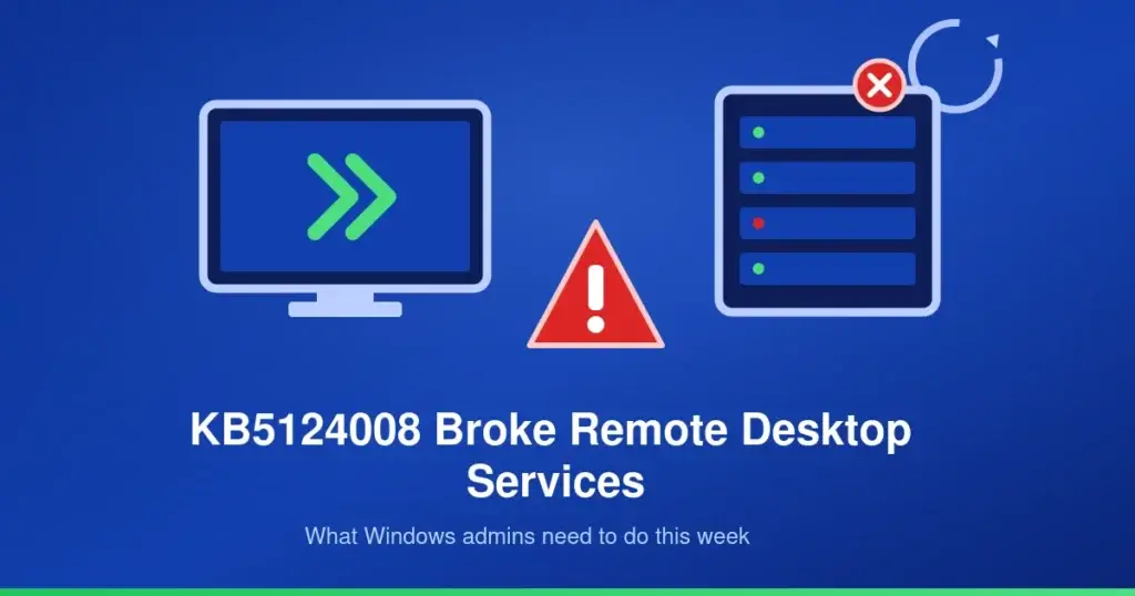 Illustration of a broken RDP connection between a client and a server rack after the KB5124008 update, with a warning triangle