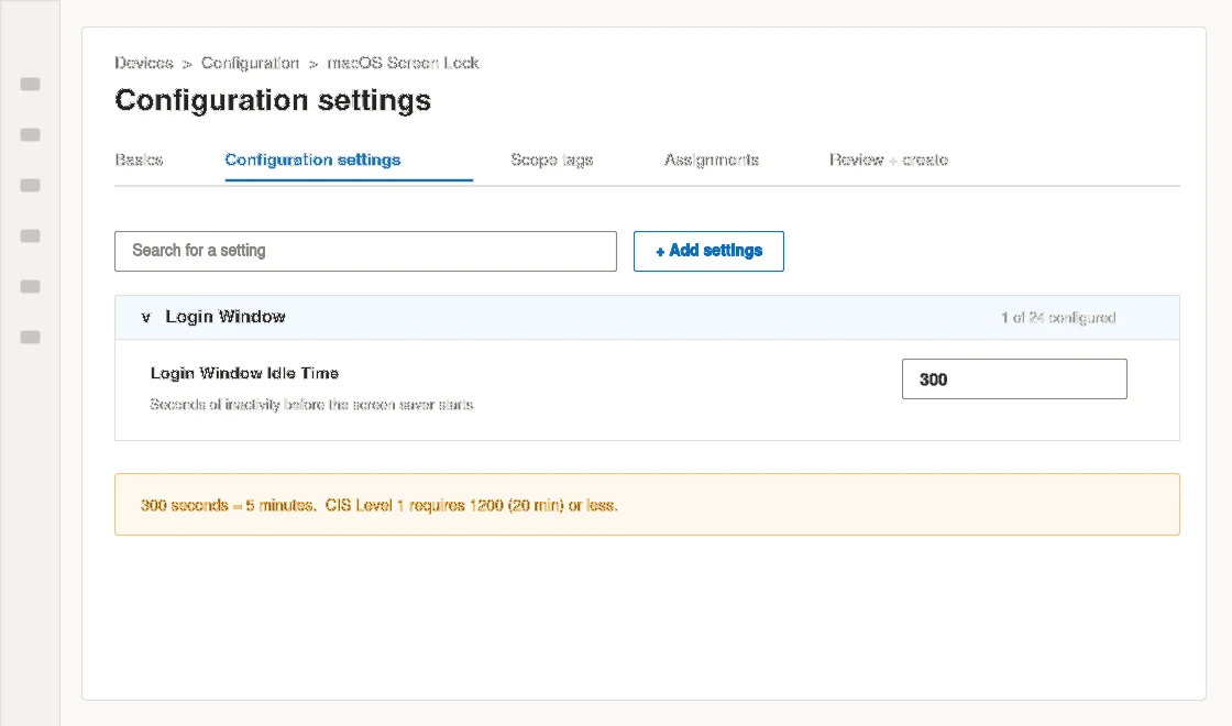 Intune Settings Catalog: Login Window Idle Time set to 300 seconds