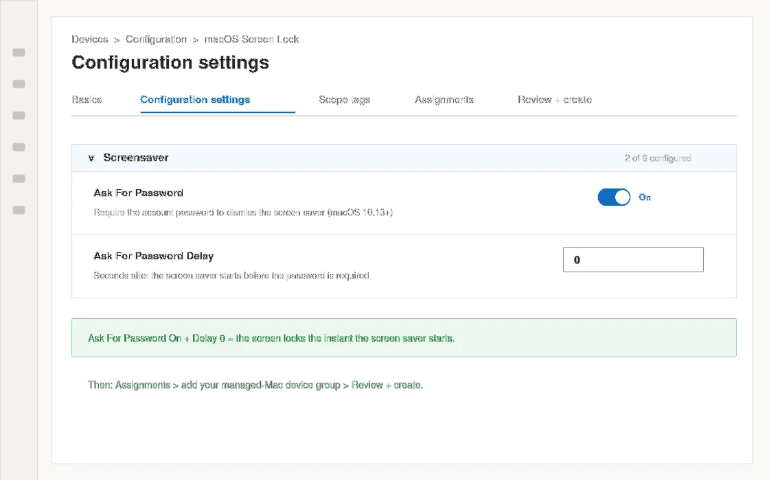 Intune Settings Catalog: Ask For Password On, Ask For Password Delay 0
