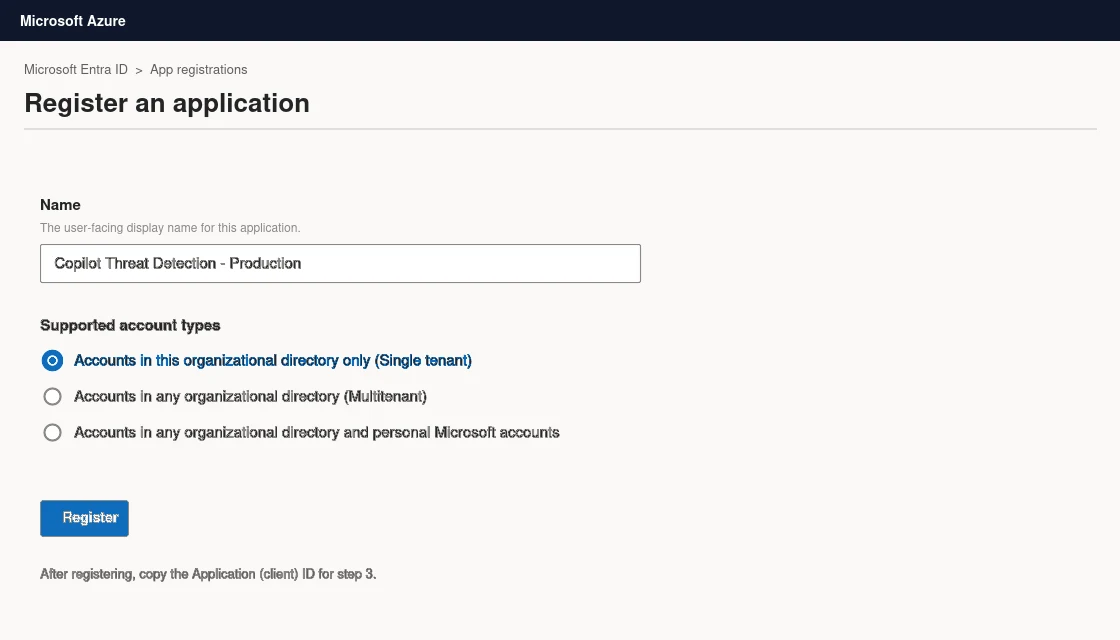 Azure portal: Register an application, single-tenant account type selected