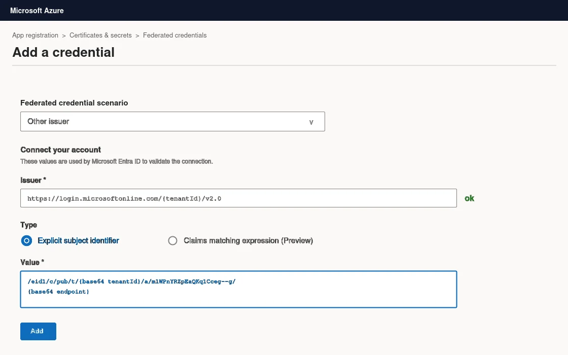 Azure portal: federated credential with Other issuer, Explicit subject identifier, and the eid1 subject value