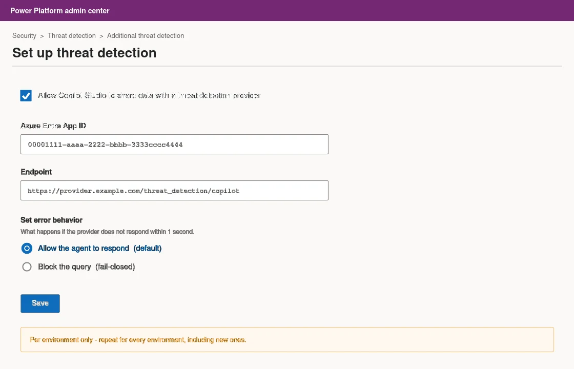 Power Platform admin center: threat detection setup with App ID, endpoint, and error behavior