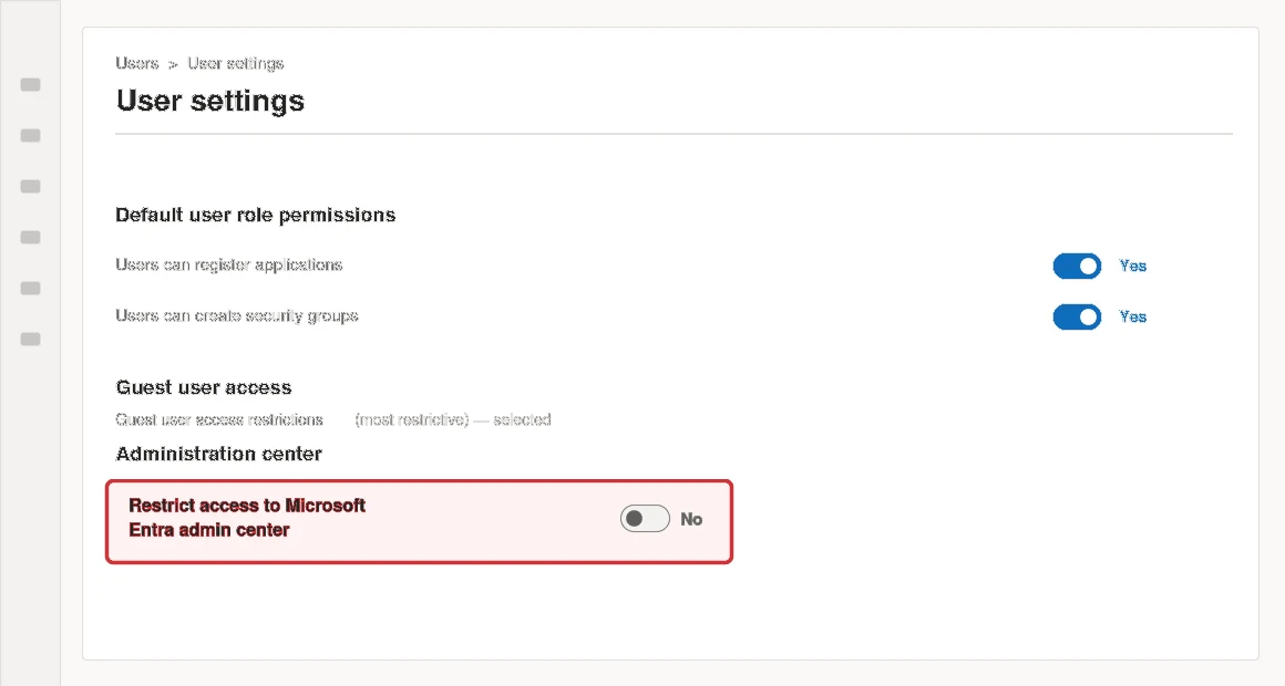 Microsoft Entra admin center: Users, User settings, Restrict access to Microsoft Entra admin center toggle set to No