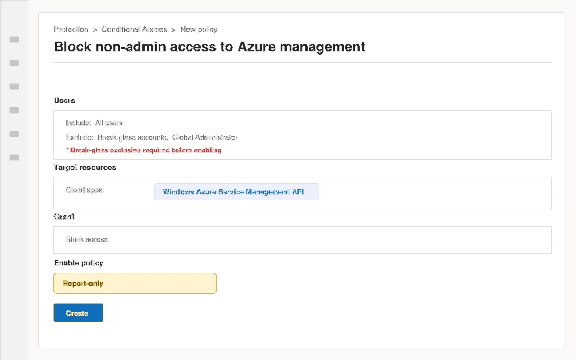 Microsoft Entra Conditional Access new policy targeting the Windows Azure Service Management API cloud app, in report-only mode