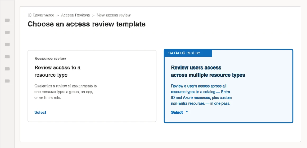 Entra admin center: Choose an access review template, with Resource review and Catalog review side by side
