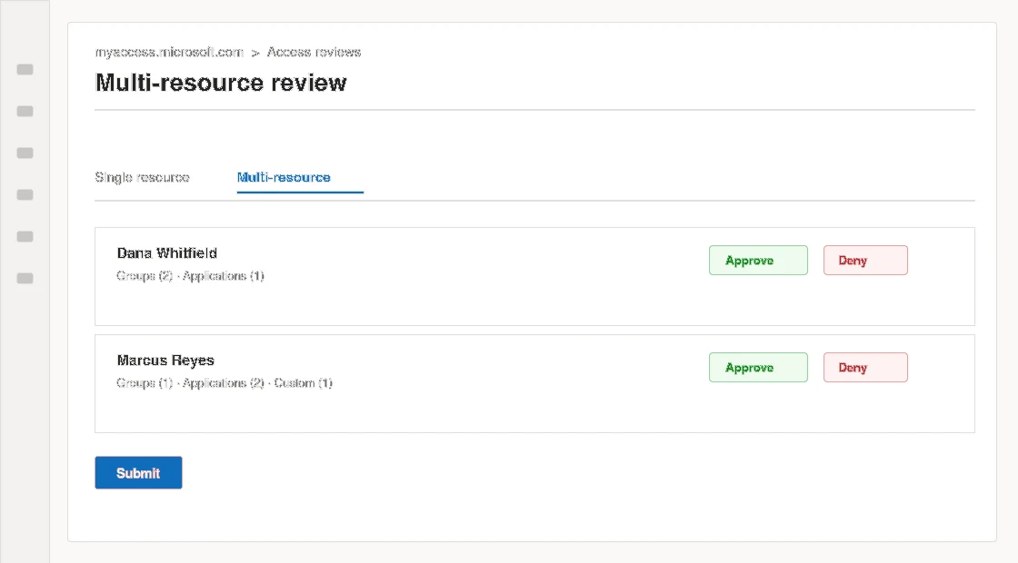 My Access portal: Multi-resource review tab listing people with Approve and Deny buttons for all their access at once