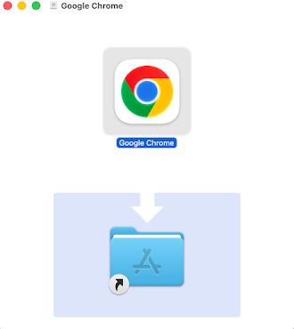 macOS DMG installer window showing the Google Chrome app icon with an arrow pointing to the Applications folder shortcut