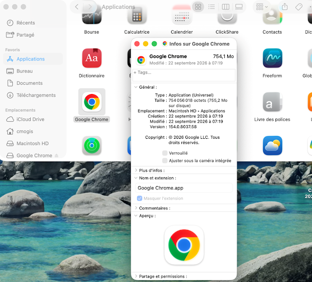 Finder Get Info panel for Google Chrome.app, showing the exact file name 'Google Chrome.app' under Name & Extension