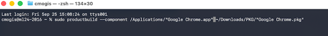 Terminal window with the command sudo productbuild --component /Applications/Google Chrome.app ~/Downloads/PKG/Google Chrome.pkg