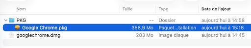 Finder window showing the resulting Google Chrome.pkg file at 358.9 MB alongside the original googlechrome.dmg